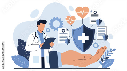 Healthcare program concept – online medical services, insurance, hospital care, and preventive check-ups. Flat modern vector illustration