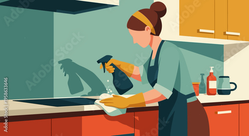 Woman cleaning kitchen counter in modern flat design illustration