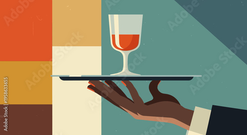 Retro styled artwork of hand holding wine glass in mid-century modern design
