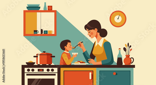 Mother feeding child in retro kitchen setting with warm tones
