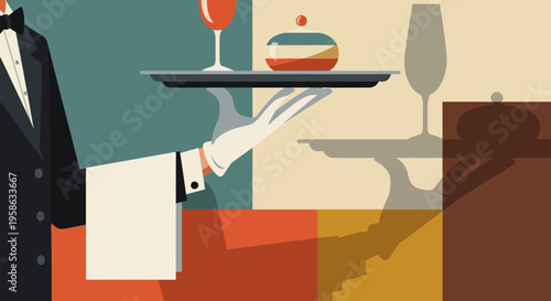 Elegant art deco waiter with tray in geometric color block style