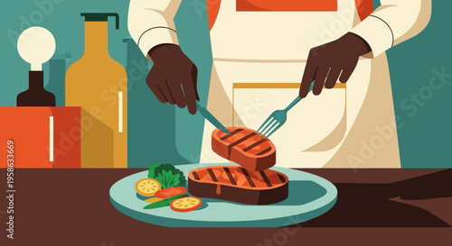 Chef preparing grilled steak with vegetables in modern kitchen setting