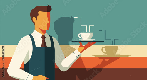 Retro style waiter holding coffee cups with geometric shadow design
