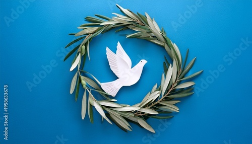 Top view of white paper dove decoration on the centre of a olive tree branchs wreath on blue background