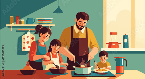 Family cooking together in a cozy kitchen setting with a warm atmosphere