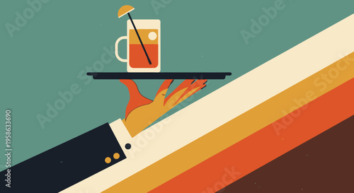 Retro style beverage served on tray with vintage colors and geometric patterns