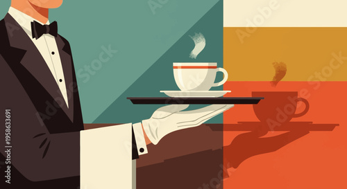 Elegant waiter serving coffee in a retro minimalist style