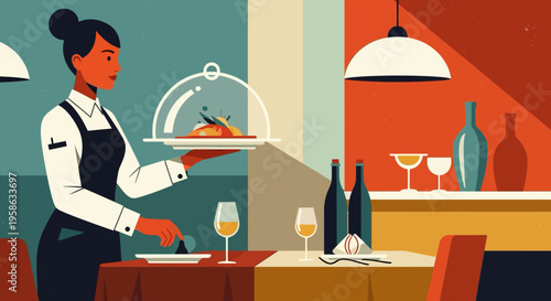 Elegant dining experience with waitress serving a gourmet meal in retro style restaurant