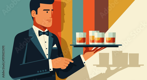 Stylish waiter serving cocktails in retro pop art style