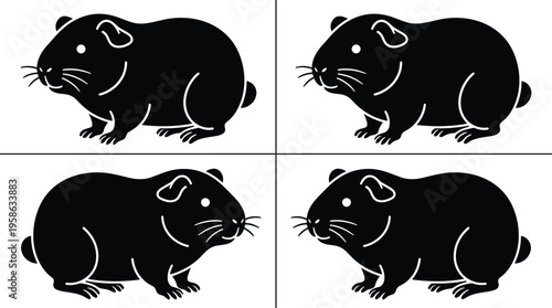 Capybara silhouette collection cute rodent animal poses black vector illustration isolated wildlife design simple nature mammal character set