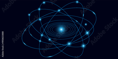 Abstract atomic structure concept for scientific research presentation. Futuristic glowing atom featuring blue elliptical rings circling a radiant central core on black background. Vector illustration
