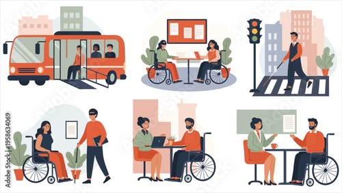 Set of disabled people in public spaces – flat vector illustrations of individuals in wheelchairs, highlighting inclusion and accessibility in modern society