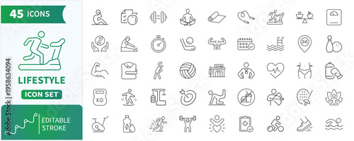 Lifestyle line icon set. Collection of Fitness, sports, wellness, Gym, wellness beauty, exercising, losing weight and more.Editable stroke.Vector illustration
