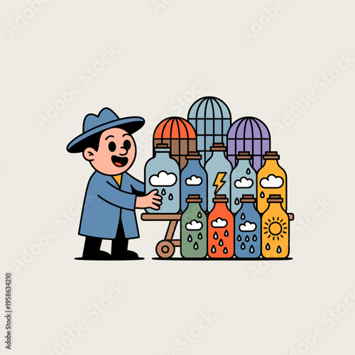 Man Holding Weather Forecast Bottles on Cart