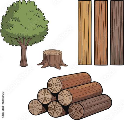 Tree, stump, wooden planks, and stacked logs set, forestry resources and timber processing elements, isolated vector illustration for construction use