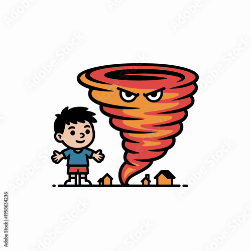 Boy Standing Next to Angry Tornado Destroying Houses