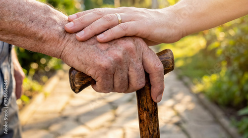 Adult hand comforting wrinkled senior hand gripping walking stick outdoors concept of geriatric physical support family empathy mobility assistance and intergenerational care