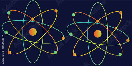 Colorful atomic structure illustration, nuclear energy concept, atom model with electron orbits.