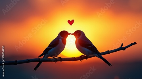 A romantic silhouette of two lovebirds sharing a kiss against a stunning sunset backdrop.