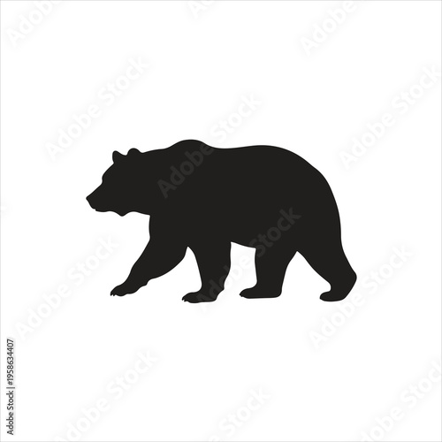 Silhouette of a large grizzly bear walking slowly across a stark white background representing wildlife and nature icons