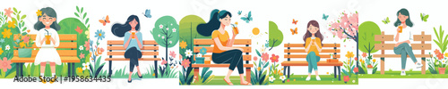 vector of a woman sitting on a park bench drinking iced orange juice in spring
