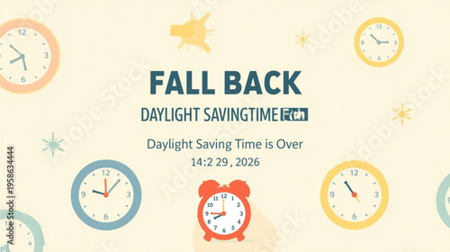  Fall Back. daylight saving time ends 2026 background or banner design template. Daylight Saving Time is Over. The clock turns back one hour on March 29, 2026. Fall back concept banner. Vector