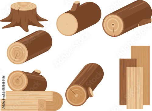 wood logs and tree stump vector set, timber collection illustration, cut trunks isolated, lumber material design, forestry industry concept
