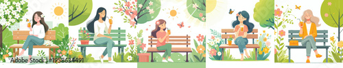 vector of a grandma sitting on a park bench drinking iced orange juice in spring