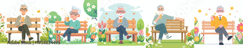 vector of a grandpa sitting on a park bench drinking iced orange juice in spring