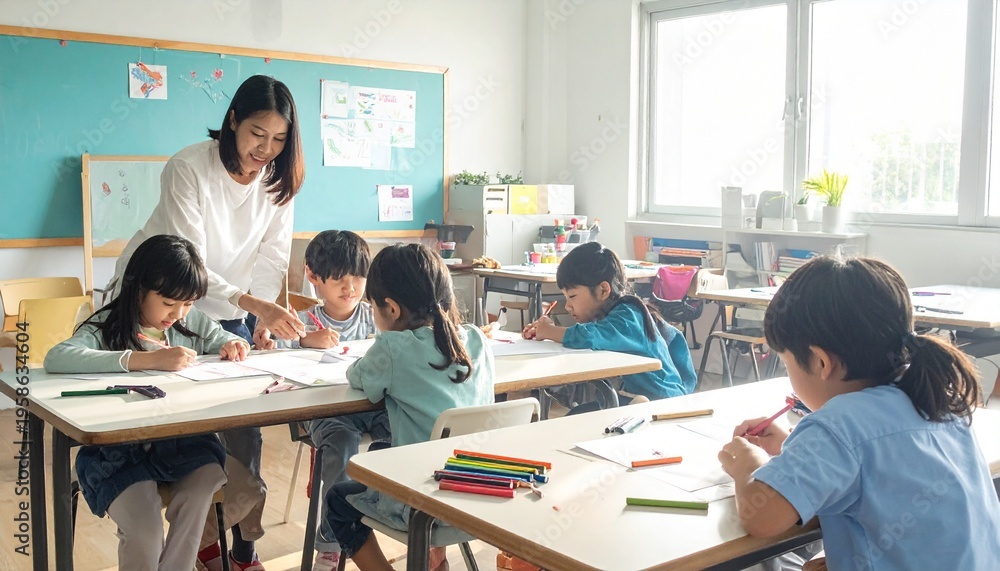 Fototapeta premium Caring Asian female teacher providing patient guidance to diverse young students engaged in drawing and creative learning activities within a bright, simple classroom setting