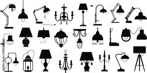 Black silhouette collection of vintage and modern lamps, desk, floor and hanging light fixtures isolated on light background for interior design