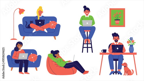 Work-from-home concept set – people working on laptops during quarantine