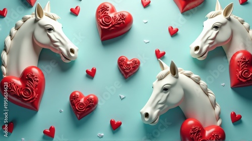 A playful arrangement of unicorn heads and vibrant red hearts against a soft blue background, perfect for romantic or fantasy-themed designs.