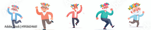 vector of a happy dancing grandfather wearing a spring flower crown