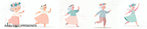 vector of a happy dancing grandmother wearing a spring flower crown