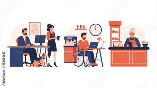Workplace inclusion vector – cartoon illustration of diverse employees of different ages, abilities, and visual impairments performing various job duties
