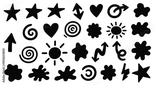 Collection of various black shapes and doodles presented as a silhouette
