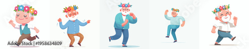 vector of a happy dancing grandfather wearing a spring flower crown