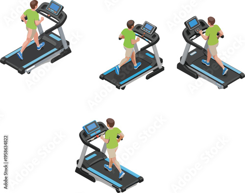 Man running on treadmill isometric character set performing cardio workout at gym fitness training health