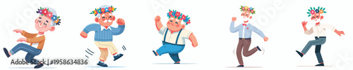 vector of a happy dancing grandfather wearing a spring flower crown