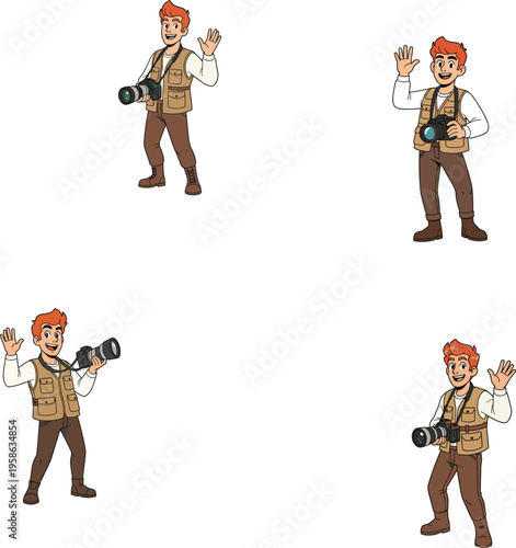 Professional photographer character set holding camera waving hand wearing safari vest adventure journalism travel photography