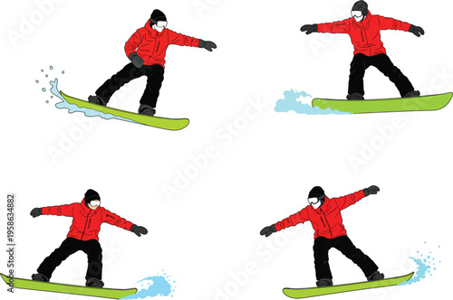 Snowboarder character set performing winter sports tricks wearing red jacket and goggles extreme mountain activity