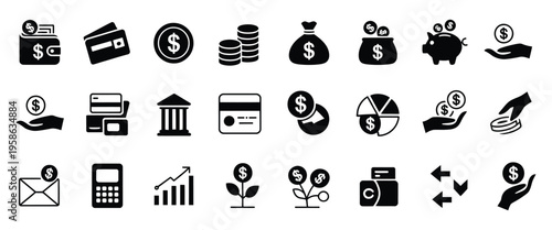 Money and finance icons with banking, payments, savings, investment and income concepts, black filled symbols for financial, vector illustration set for banking apps, fintech platforms