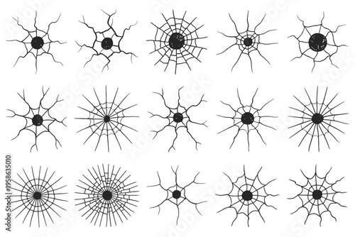 Grunge bullet holes vector set with cracks in concrete, metal and glass, gunshot damage textures, military shooting elements and destroyed surface effects for design, backgrounds and overlays