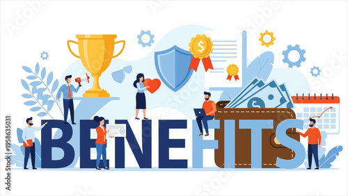 Employee benefits and rewards vector – large letters with employees, money, and a winner’s cup, illustrating teamwork and perks packages for web or UI use