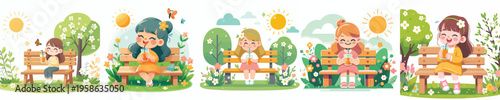 vector of a little girl sitting on a park bench drinking iced orange juice in spring
