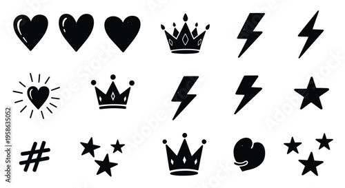 Collection of hand drawn heart crown star and lightning bolt shapes silhouette