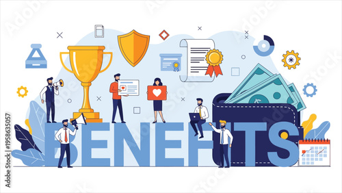 Employee benefits and rewards vector – large letters with employees, money, and a winner’s cup, illustrating teamwork and perks packages for web or UI use