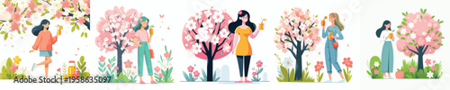 vector of a woman standing drinking iced orange juice in spring
