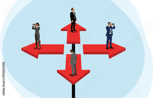 Business people standing on red crossroads arrows looking through binoculars for career opportunities and strategic market direction